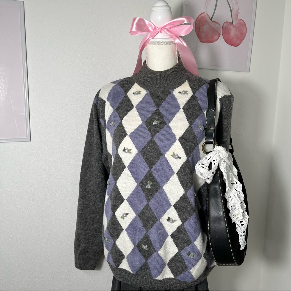 Vintage 90s Floral Argyle Checker White Purple Lilac Sweater Acrylic Womens Lg - Picture 2 of 6